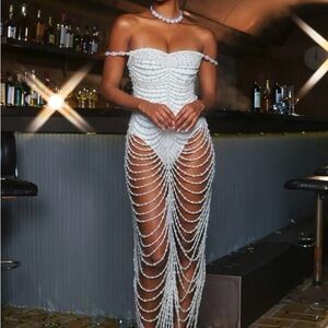 Strapless Beaded Fringe Evening Dress - White